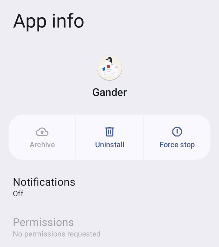 Android's App info screen for Gander. The Permissions row is greyed
                out, and the line under it reads: No permissions requested.