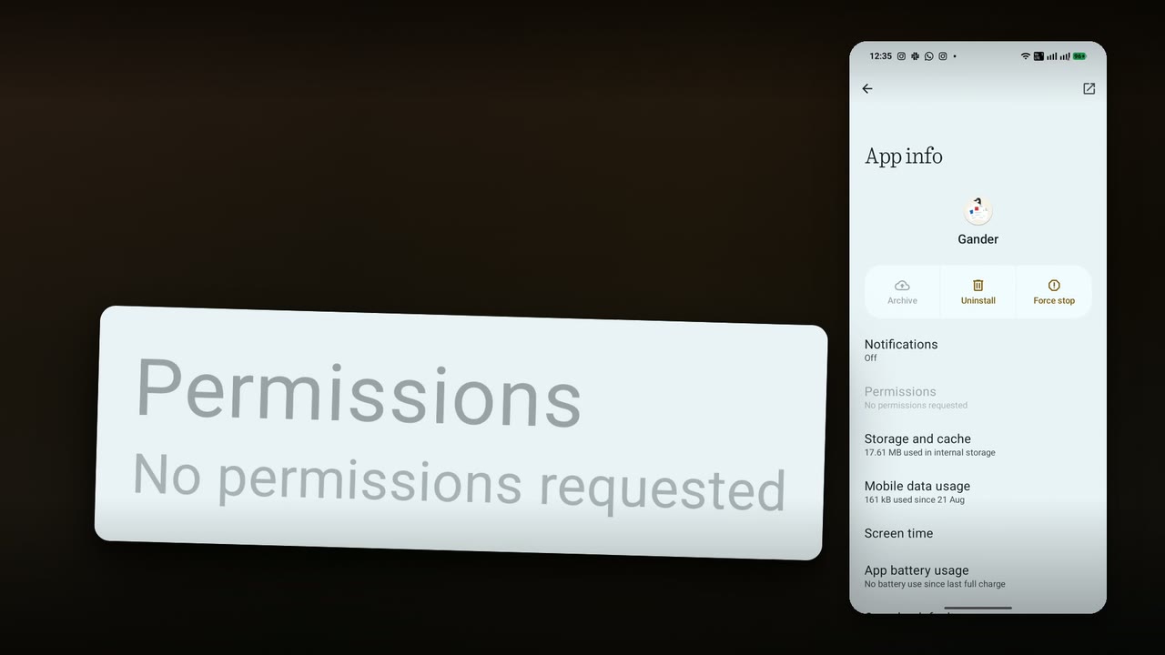 A frame from the clip: Android's App info page for Gander on the phone at right, with the greyed-out Permissions row enlarged alongside it, reading that no permissions are requested.