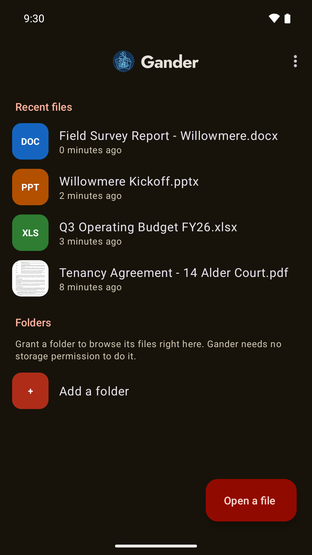 Gander's home screen, listing recent files with thumbnail previews and a button to add a folder.