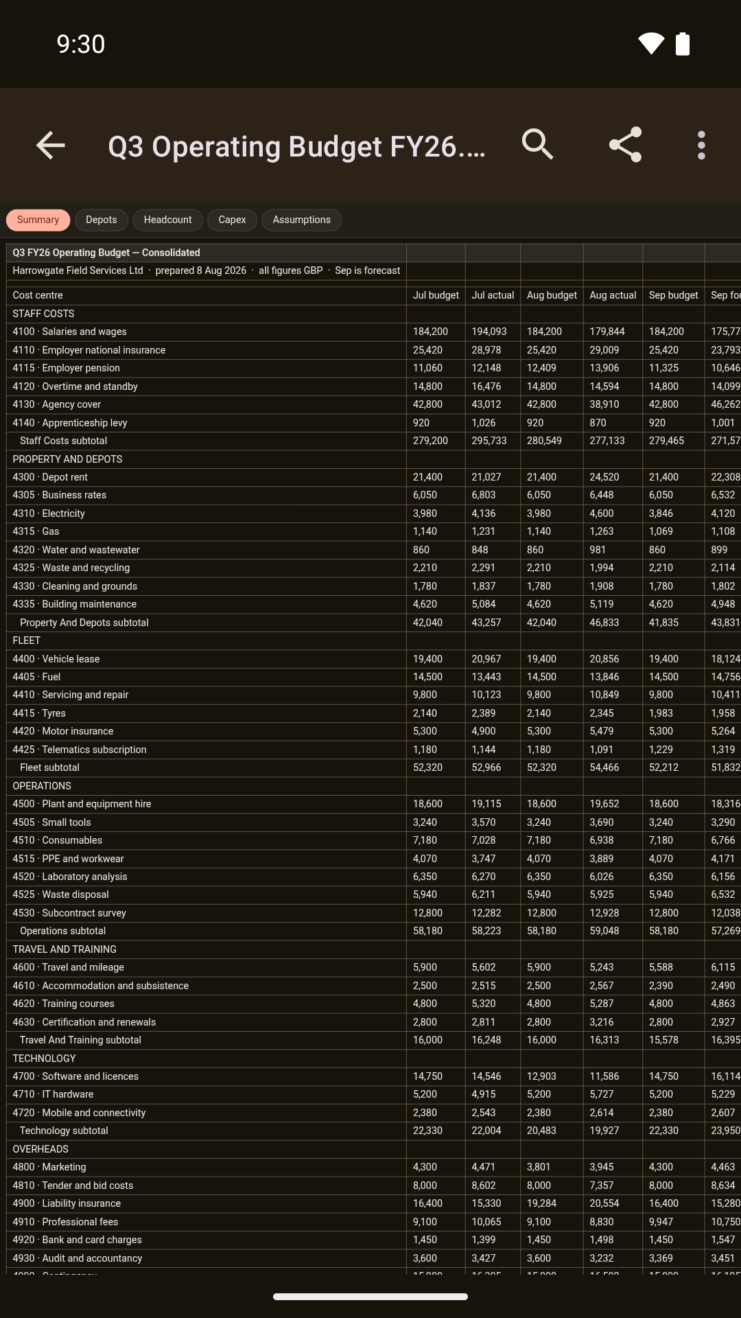 A multi-sheet Excel workbook open in Gander, with a tab bar across the top.